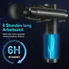 A black massage gun with a glowing blue battery compartment, set against a dark, abstract background with network-like lines. Produktbild-Vorschau