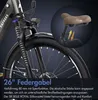 Close-up of an electric bicycle's front fork and wheel, with an inset image of a bicycle seat. Produktbild-Vorschau