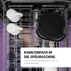Close-up view of items inside a dishwasher rack, with text overlay. Produktbild-Vorschau