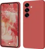 A red smartphone case is shown from the front and back, with the front displaying a phone screen. Produktbild-Vorschau