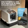 A cat litter box with informational overlays highlighting its features. Produktbild-Vorschau