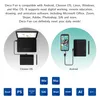 The image shows a graphic tablet connected to a laptop and a smartphone, illustrating its compatibility with different operating systems and software. Below are icons representing various software applications. Anteprima dell’immagine prodotto