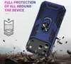 A blue phone case is shown falling onto a rocky surface, with text highlighting its protective features. Produktbild-Vorschau