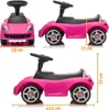 A collage of three images showing a pink ride-on car from different angles, with dimensions indicated. Produktbild-Vorschau