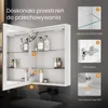 A white medicine cabinet with mirrored doors is open, showcasing shelves with toiletries. Inset images highlight features like a glass shelf, hinge, and door opening angle. Podgląd zdjęcia produktu