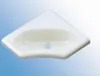 A white corner sink with a drain hole against a gradient blue and white background. Produktbild-Vorschau