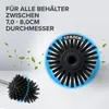 A toilet brush head is shown with text indicating its compatibility with containers of a specific diameter, and green leaves are scattered around, suggesting freshness or natural cleaning. Produktbild-Vorschau