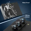A split image showing a close-up of a smartphone camera lens with water splashing on it, and another view of camera lens protectors with glowing blue energy effects. Anteprima dell’immagine prodotto