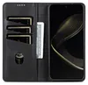 A black leather wallet-style phone case with card slots and a phone inserted. Produktbild-Vorschau