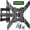 A black TV wall mount with included hardware and a spirit level, displayed against a white background. Produktbild-Vorschau