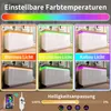 A collage of images showing a white sideboard with LED lighting in different color temperatures and brightness controls. Voir les images du produit