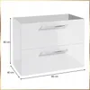 A white, high-gloss bathroom cabinet with two drawers, shown with dimensions indicated. Produktbild-Vorschau