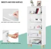 A collage showing a white bookshelf with books and decorative items on its shelves, along with close-up shots of the shelf's smooth surface and wooden legs. Náhľad obrázku produktu