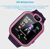 A close-up shot of a pink and purple smartwatch with a digital display showing the time, date, battery status, and temperature. Text overlays describe the product's features. Produktbild-Vorschau
