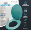 A toilet seat is shown open, with a shelf of bathroom items in the background. Text overlays highlight product benefits. Náhled obrázku produktu