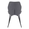 The back view of a dark gray upholstered dining chair with black metal legs, isolated on a white background. Voir les images du produit