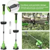 Collage of images showing a cordless grass trimmer, its features, and it being used in a garden. Produktbild-Vorschau