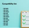 A list of compatible products with checkmarks on a notepad. Produktbild-Vorschau
