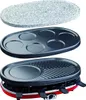 A raclette grill with three interchangeable cooking surfaces, presented in an exploded view. Produktbild-Vorschau