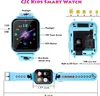 A collage of images showing a blue kids smartwatch from different angles, with labels and dimensions. Produktbild-Vorschau
