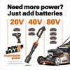 Marketing image showcasing a range of WORX power tools and batteries, emphasizing the 'Power Share' expandable power system. Produktbild-Vorschau