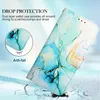 A flip-style phone case with a marble pattern is shown at an angle, with text overlays describing its protective features. Produktbild-Vorschau