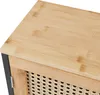 A close-up view of the top corner of a cabinet, showing the bamboo top and a section of the woven cane door. Podgląd zdjęcia produktu