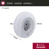 A white night light with a plug and a socket, showing dimensions and power rating. Produktbild-Vorschau