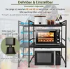 A black metal microwave shelf with two tiers, holding a small oven and a microwave, with text overlays describing its features. Náhled obrázku produktu