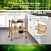A bamboo kitchen cart is shown in a kitchen setting, with text overlays highlighting its features. Podgląd zdjęcia produktu
