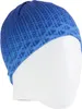 A blue multifunctional sports scarf with a geometric pattern is displayed on a white mannequin head. Produktbild-Vorschau
