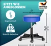 A product image showcasing a blue rolling stool with dimensions and features highlighted with text and icons. Produktbild-Vorschau