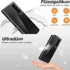 A clear phone case is shown in two different contexts: one with a splash of liquid and another being held by a hand with feathers floating around. Produktbild-Vorschau