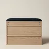 A product shot of a wooden shoe cabinet with a padded seat. Podgląd zdjęcia produktu