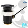 A black sink drain assembly with a black lever and white seals, set against a light gray and white background with graphic elements. Produktbild-Vorschau