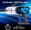 A close-up marketing image of a cordless vacuum cleaner with a blue, streaky background. Produktbild-Vorschau