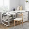 A white desk with shelves is set up next to a window, with books, a laptop, and a chair. The desk has dimensions labeled. Náhľad obrázku produktu