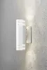 A white cylindrical outdoor wall light is mounted on a textured gray wall, casting light upwards and downwards. Produktbild-Vorschau