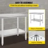 A stainless steel work table with an additional shelf, shown in a kitchen or workshop setting. Inset images highlight assembly and stability features. Podgląd zdjęcia produktu