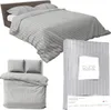 A collage of images showing a bed with grey striped bedding, a close-up of the bedding, and a packaged set of bedding. Anteprima dell’immagine prodotto