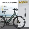 An e-bike is shown with its battery charging, highlighting its features. Produktbild-Vorschau