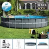 An Intex Ultra XTR frame pool set up in a backyard with two people relaxing in it. The image also includes smaller inset images of pool accessories. Produktbild-Vorschau