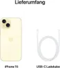 A product shot of an iPhone 15 and a USB-C charging cable, with German text indicating "Lieferumfang" (Scope of delivery). Produktbild-Vorschau