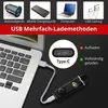 A laptop is shown connected to a USB-C charging device, with other USB charging accessories depicted in the top section of the image. Produktbild-Vorschau