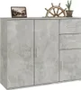 A gray sideboard with two doors on the left and three drawers and one door on the right, placed on a white background. Produktbild-Vorschau