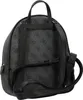 A black backpack with a repeating gray logo pattern is shown from the back against a white background. Produktbild-Vorschau
