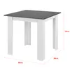 A square dining table with a dark gray top and white legs, shown from a slightly elevated angle. Dimensions are indicated with red lines and text. Anteprima dell’immagine prodotto