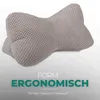 A taupe-colored lumbar support pillow with a textured knit surface, placed on a light gray and white gradient background. Produktbild-Vorschau