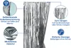 A close-up of a silver, reflective curtain with text annotations highlighting its features. Náhled obrázku produktu