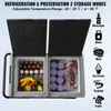 A portable refrigerator with its lid open, showing different compartments filled with beverages, fruits, and meat. Icons on the right indicate various food items that can be stored. Náhled obrázku produktu